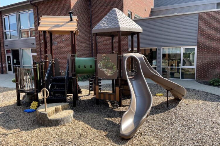 brown playground equipment with slides