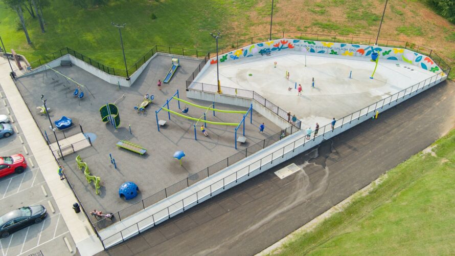 aerial view of the splash pad and playground area