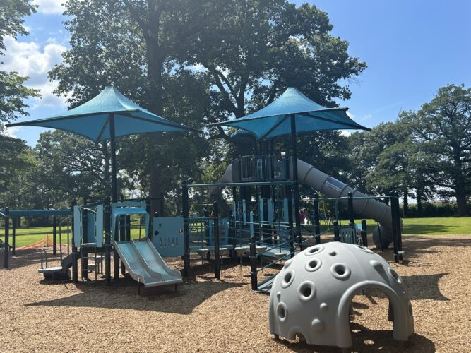 PlayBooster™ PlayOdyssey™ tower with 2 integrated shade structures, double slide, and free standing Cozy Dome™