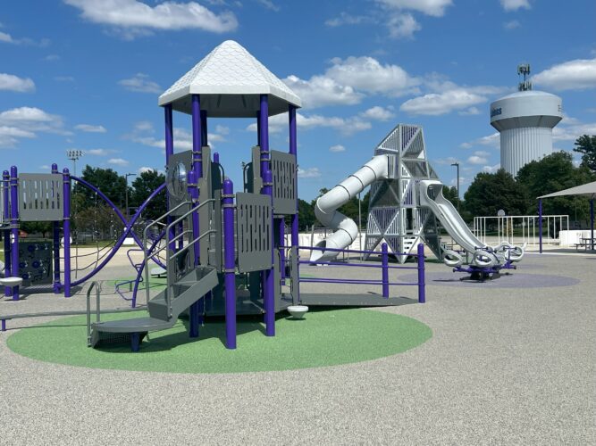 2 silver and purple play structures for kids aged 5-12