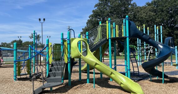 play structure for 5-12 year olds with a green slide and blue curly slide