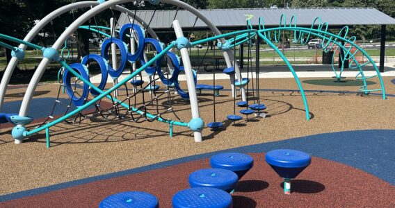 7 round steppers on red, blue, and brown safety surfacing, with a climbing play structure