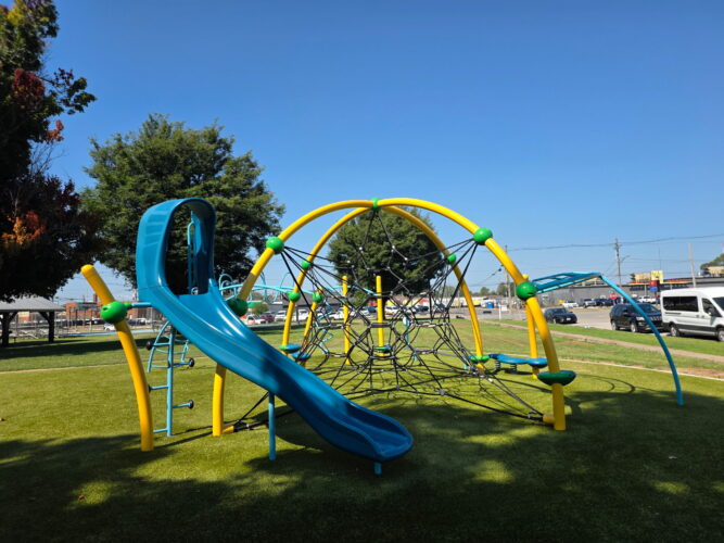star shaped net climber with blue slide