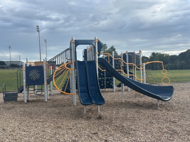 2 blue connected slides and a blue winding slide